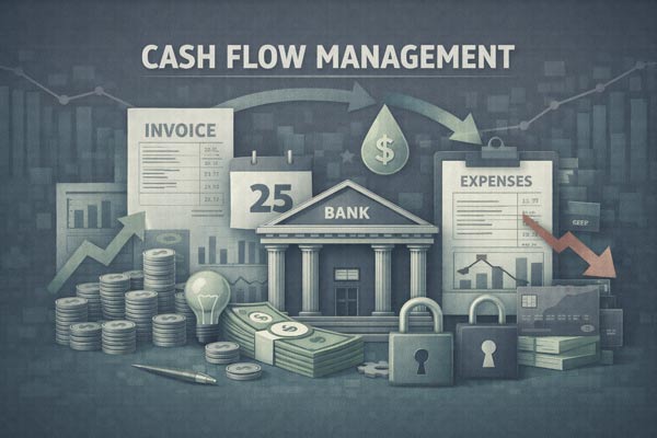 A 3D illustration titled "Cash Flow Management" showing a bank building surrounded by financial icons including an invoice, expense report, calendar, stacks of money, padlocks, and fluctuating arrows against a dark background.